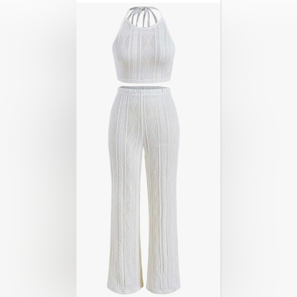 Women's 2 Piece Crotchet Crop Halter Top & Pants